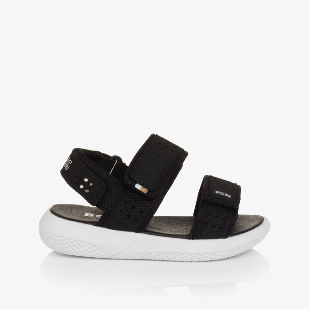 BOSS-Boys Black Velcro Sandals with White Logo Print | Childrensalon Outlet
