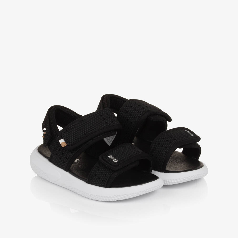 BOSS-Boys Black Velcro Sandals with White Logo Print | Childrensalon Outlet