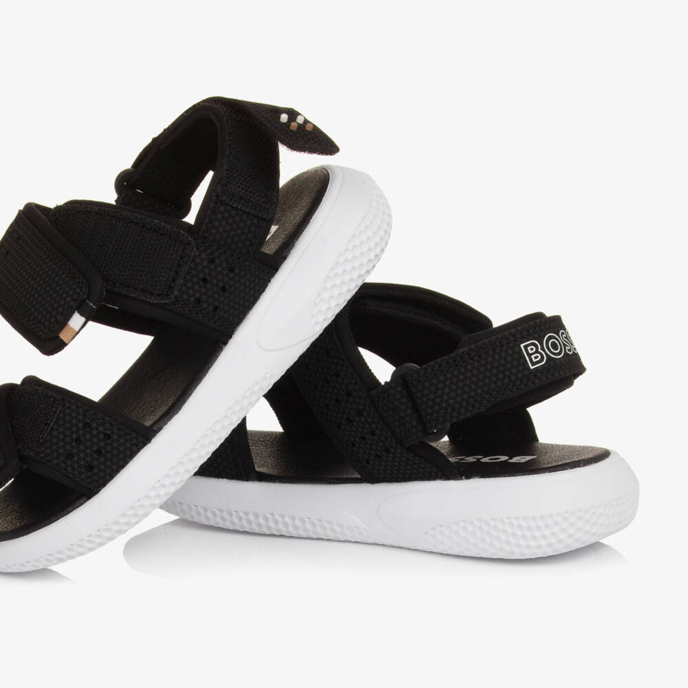 BOSS-Boys Black Velcro Sandals with White Logo Print | Childrensalon Outlet