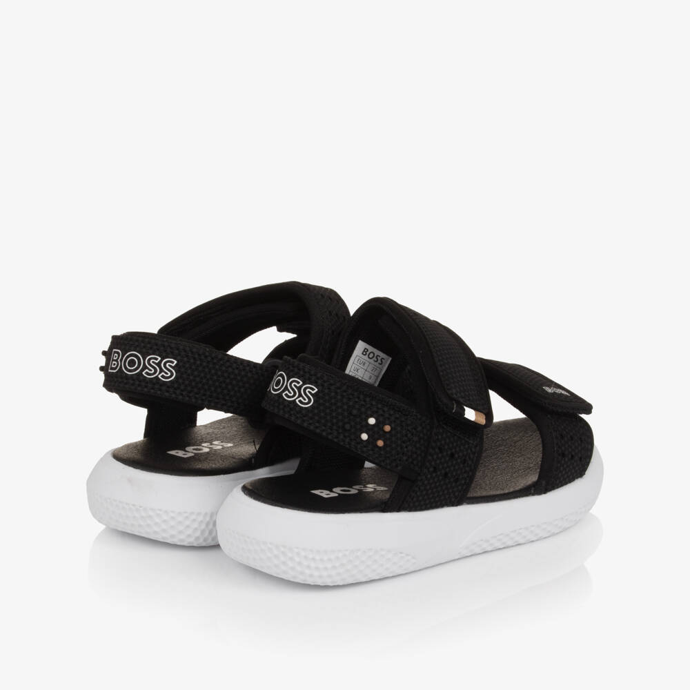 BOSS-Boys Black Velcro Sandals with White Logo Print | Childrensalon Outlet