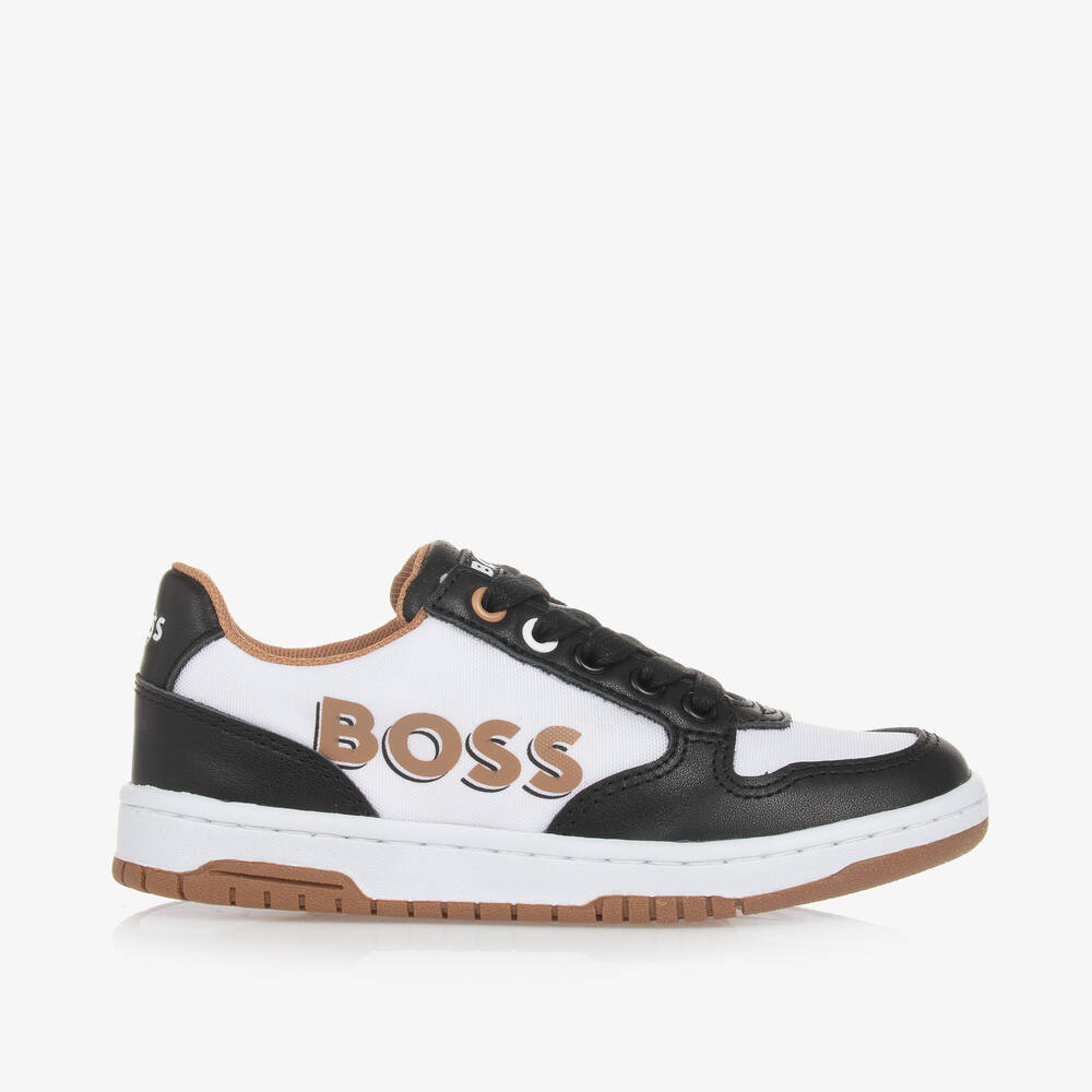 BOSS-Boys Black & White Leather Lace-Up Trainers | Childrensalon Outlet