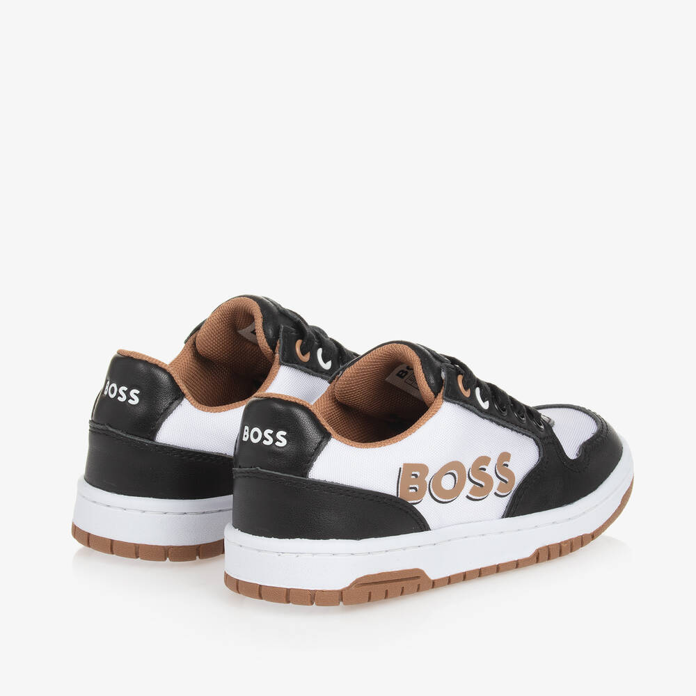 BOSS-Boys Black & White Leather Lace-Up Trainers | Childrensalon Outlet