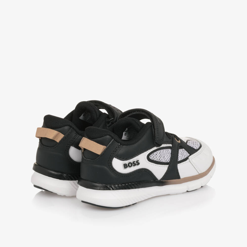 BOSS-Boys Black & White Leather & Mesh Trainers | Childrensalon Outlet