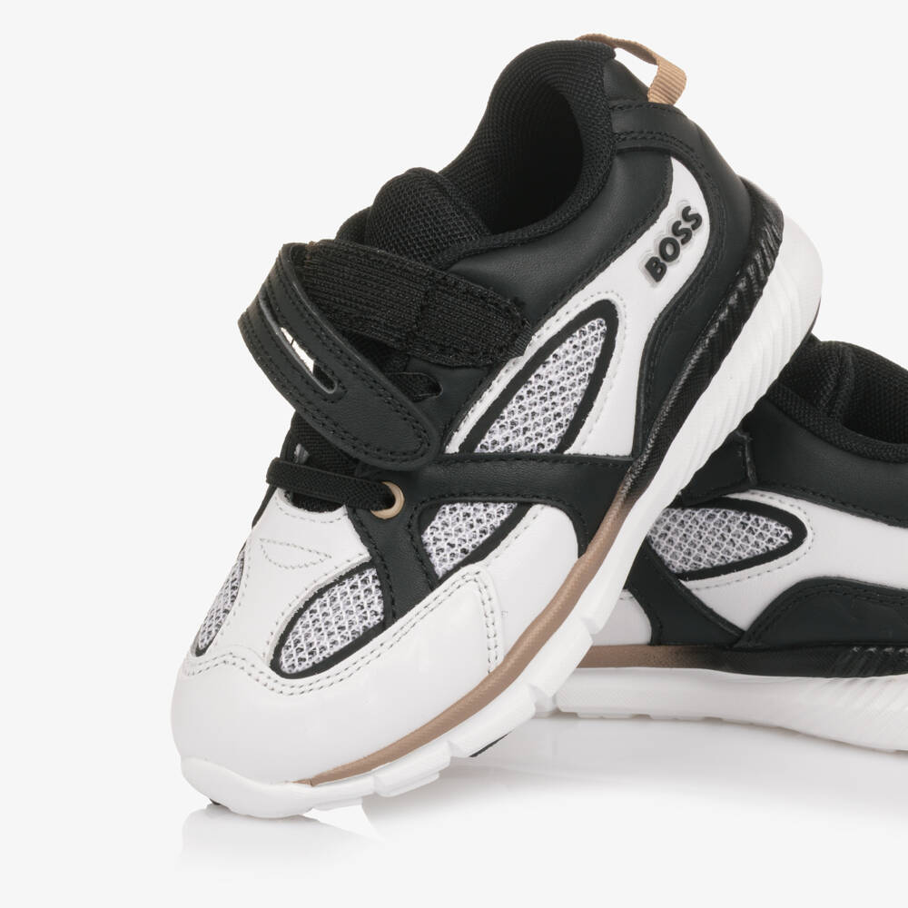 BOSS-Boys Black & White Leather & Mesh Trainers | Childrensalon Outlet