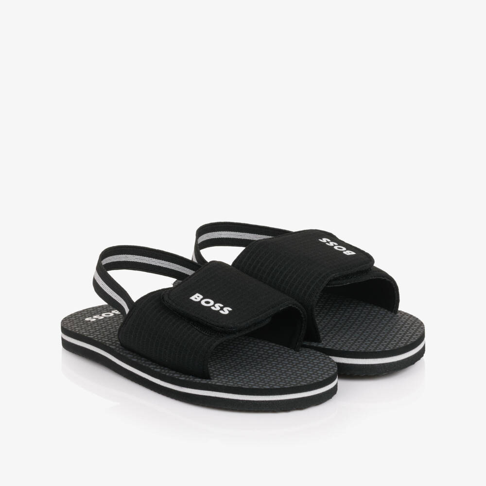 BOSS-Boys Black Wide Velcro Strap Logo Sandals | Childrensalon Outlet
