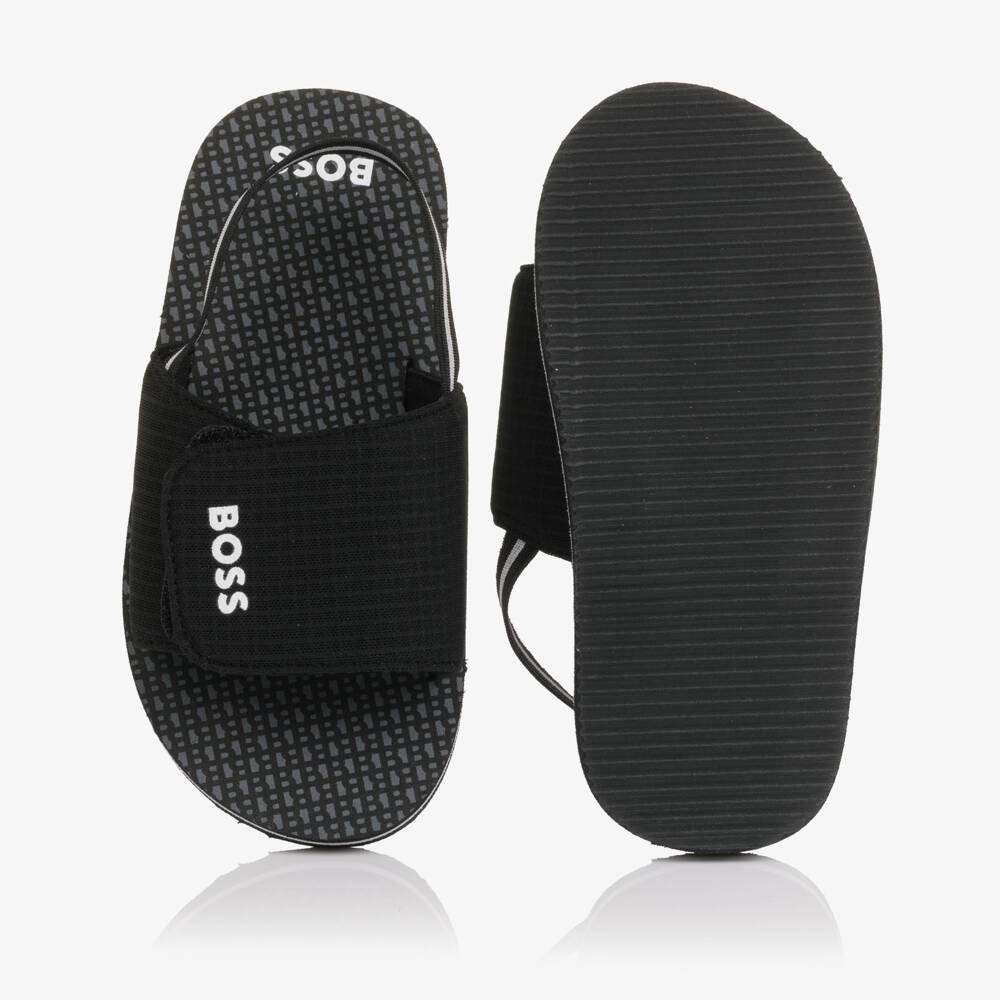 BOSS-Boys Black Wide Velcro Strap Logo Sandals | Childrensalon Outlet