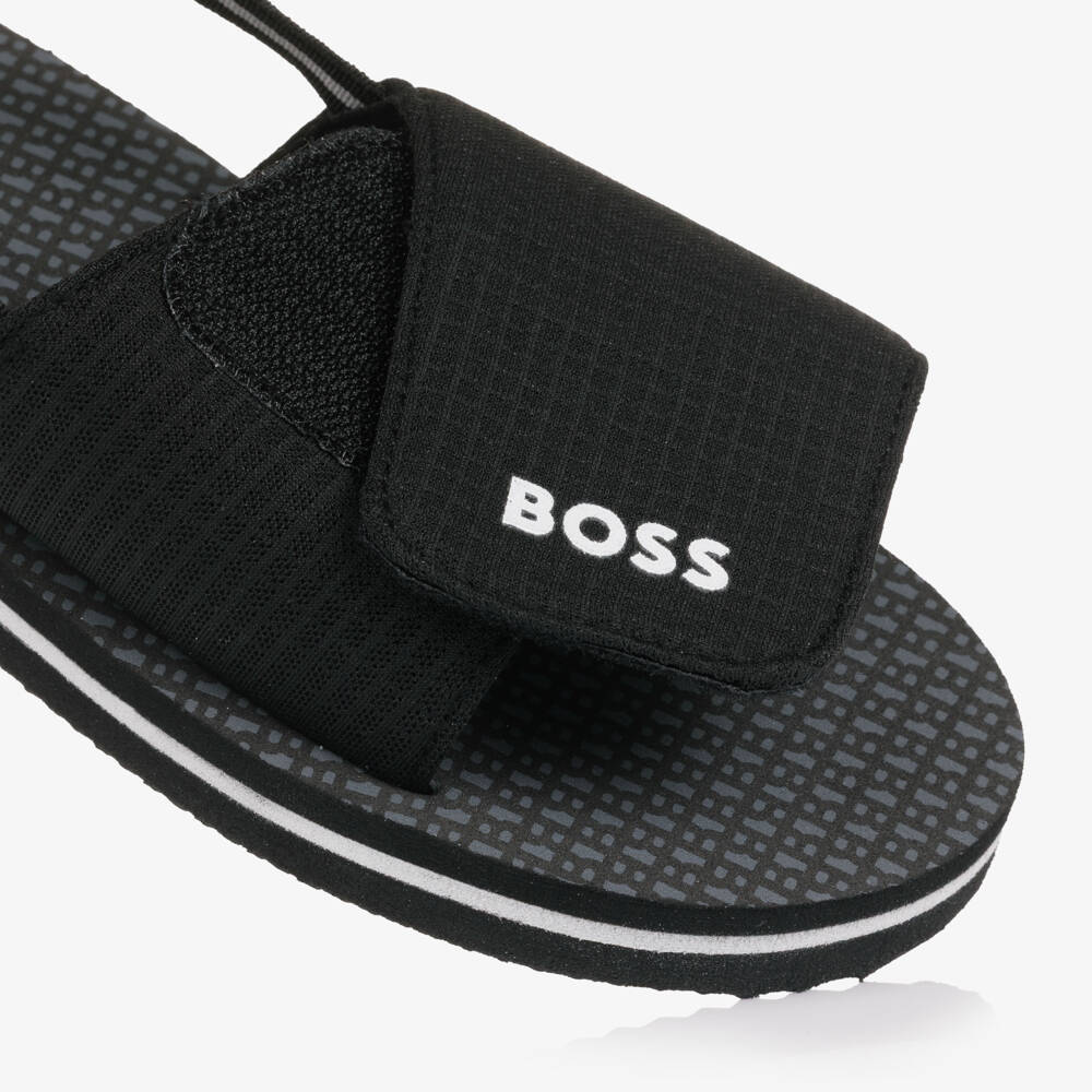 BOSS-Boys Black Wide Velcro Strap Logo Sandals | Childrensalon Outlet