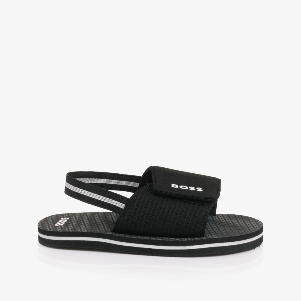 BOSS-Boys Black Wide Velcro Strap Logo Sandals | Childrensalon Outlet