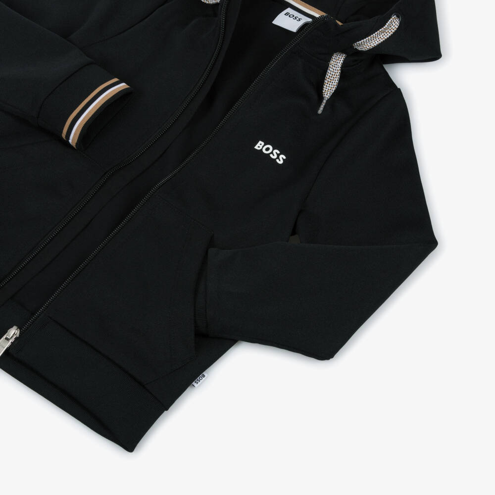 BOSS-Boys Black Zip-Up Hooded Tracksuit | Childrensalon Outlet