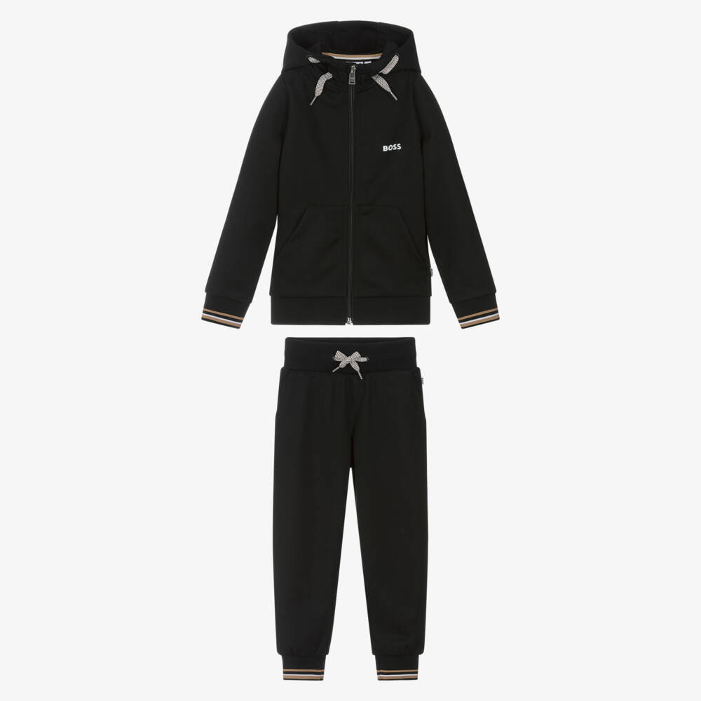 BOSS-Boys Black Zip-Up Hooded Tracksuit | Childrensalon Outlet