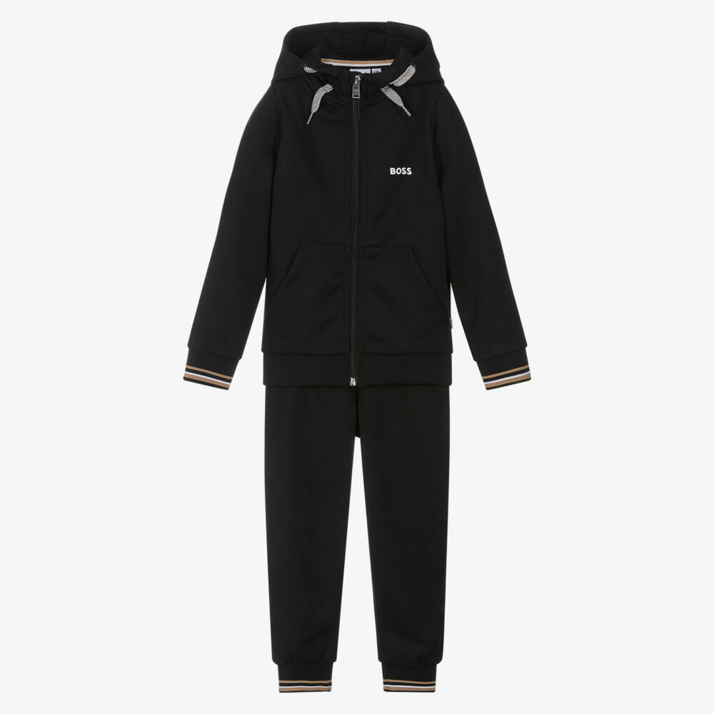 BOSS-Boys Black Zip-Up Hooded Tracksuit | Childrensalon Outlet