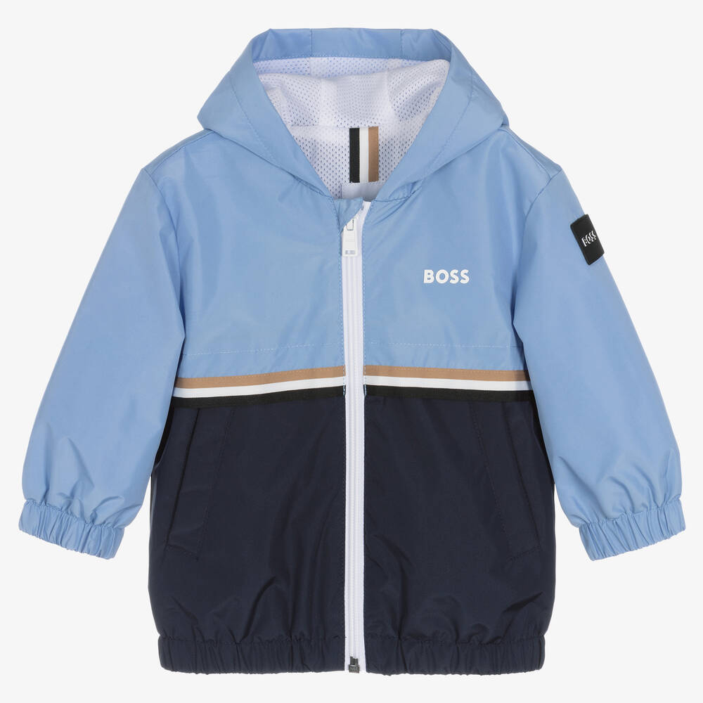 BOSS - Boys Blue Colourblock Logo Hooded Jacket | Childrensalon