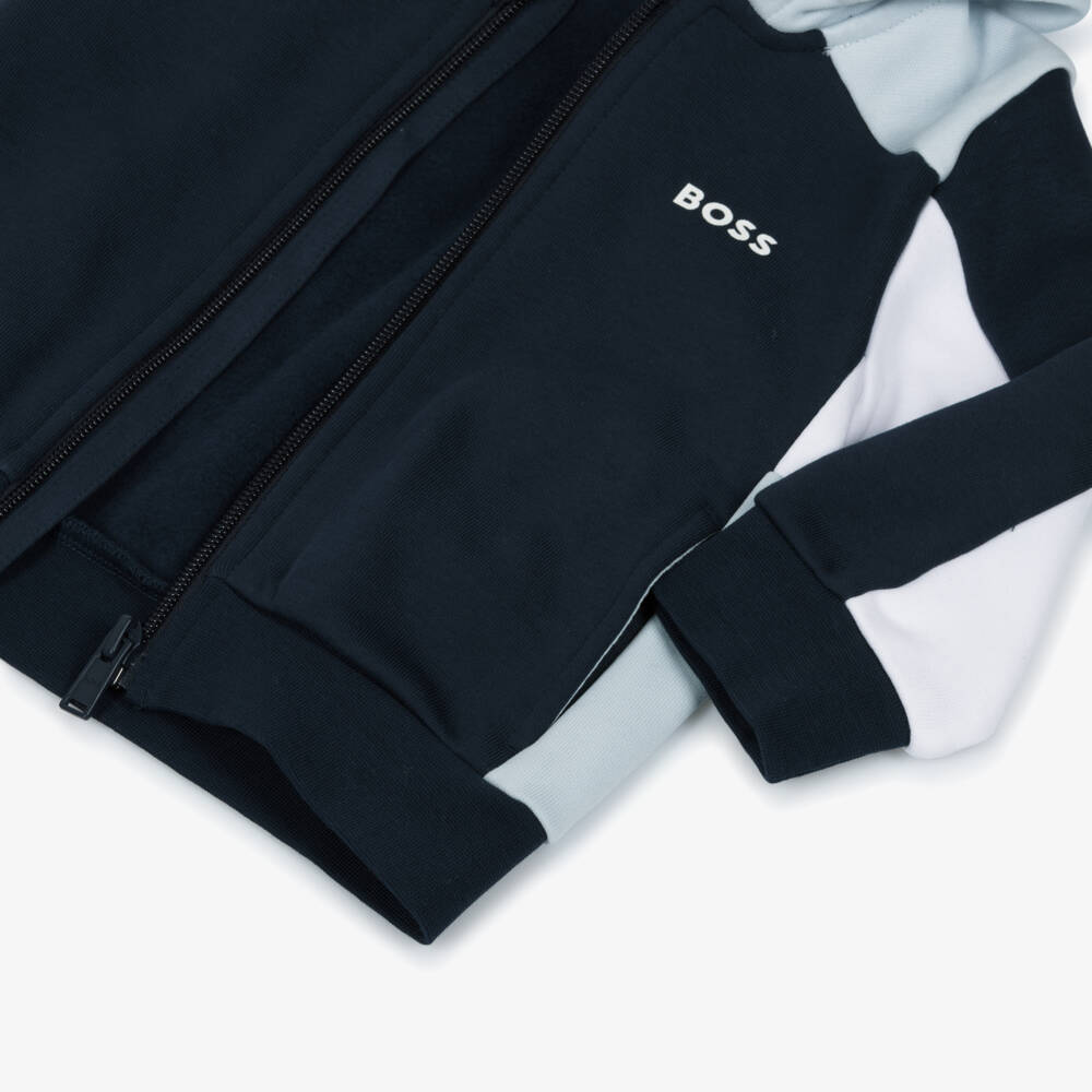 BOSS-Boys Blue Cotton Colourblock Zip-Up Top | Childrensalon Outlet