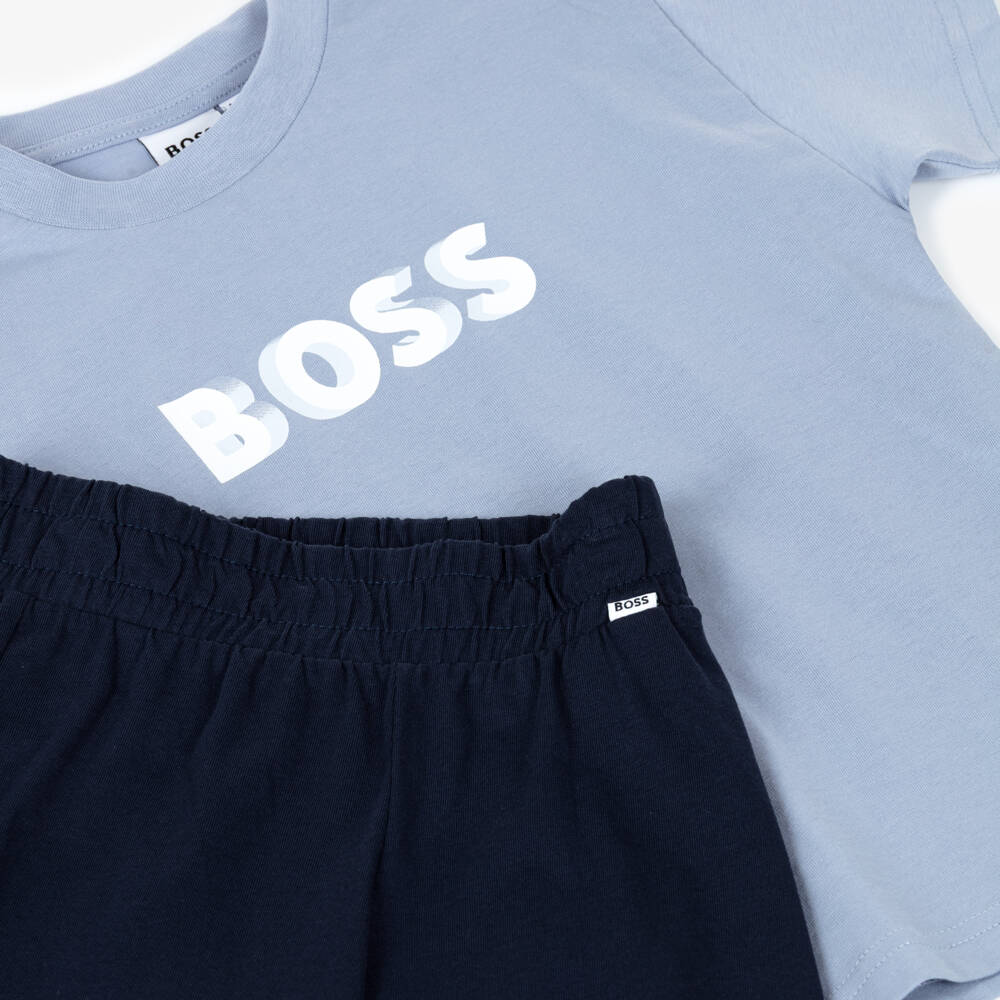 BOSS-Boys Blue Cotton Jersey Bermuda Shorts Set with Logo | Childrensalon Outlet