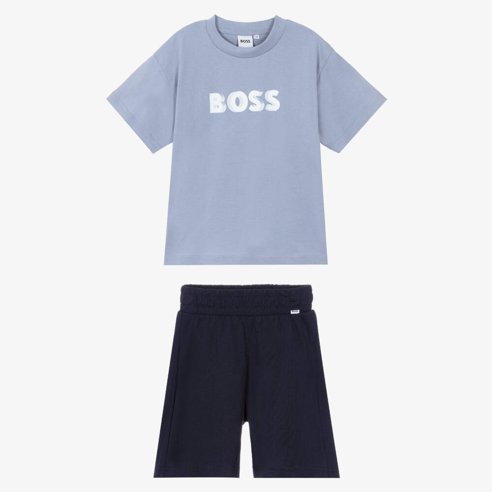 BOSS-Boys Blue Cotton Jersey Bermuda Shorts Set with Logo | Childrensalon Outlet