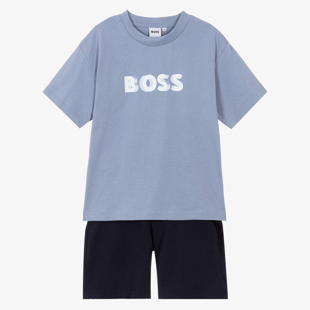 BOSS-Boys Blue Cotton Jersey Bermuda Shorts Set with Logo | Childrensalon Outlet