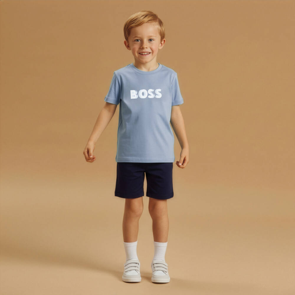 BOSS-Boys Blue Cotton Jersey Bermuda Shorts Set with Logo | Childrensalon Outlet