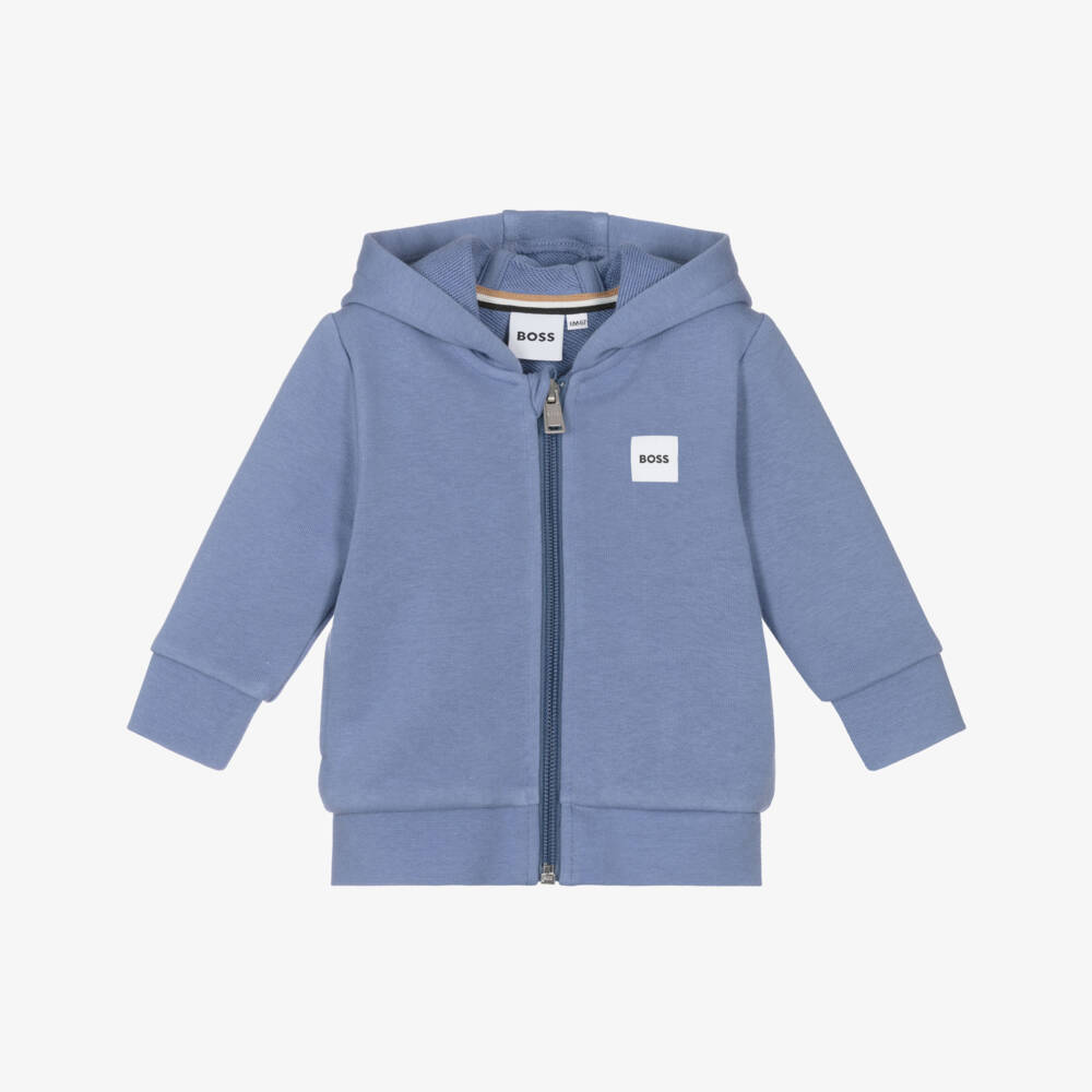 BOSS-Boys Blue Cotton Jersey Zip-Up Hooded Top | Childrensalon Outlet