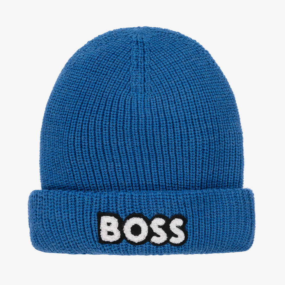 BOSS - Boys Blue Cotton Knit Beanie Hat | Childrensalon