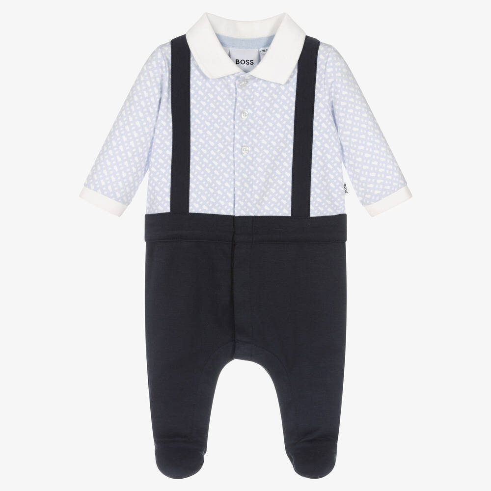 BOSS - Boys Blue Cotton Logo Babygrow | Childrensalon