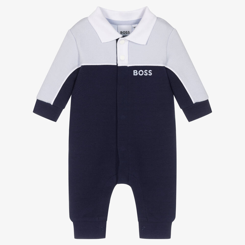 BOSS - Boys Blue Cotton Piqué Babysuit | Childrensalon