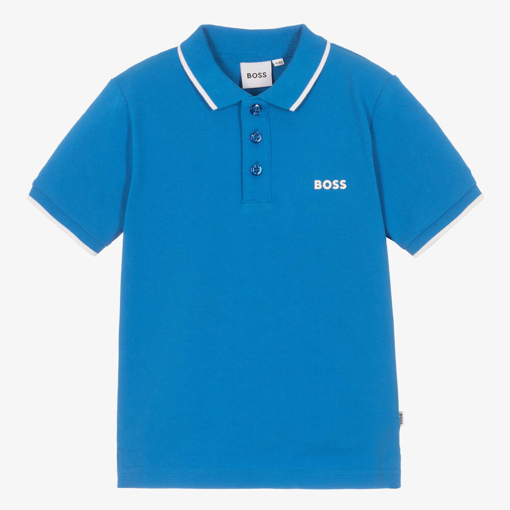 BOSS - Boys Blue Cotton Piqué Polo Shirt | Childrensalon