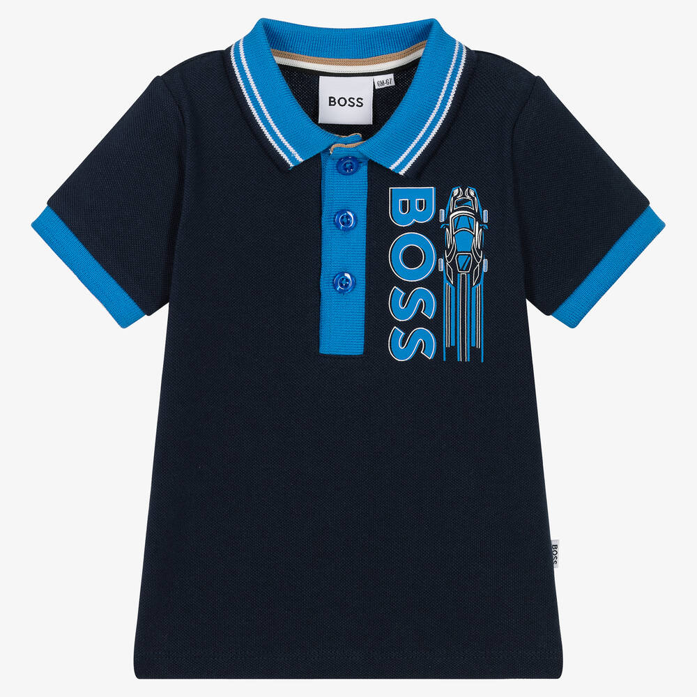 BOSS-Boys Blue Cotton Piqué Polo Shirt | Childrensalon Outlet