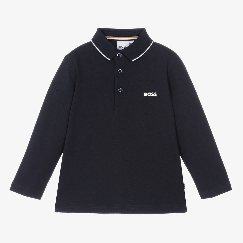 BOSS - Boys Blue Cotton Polo Shirt | Childrensalon