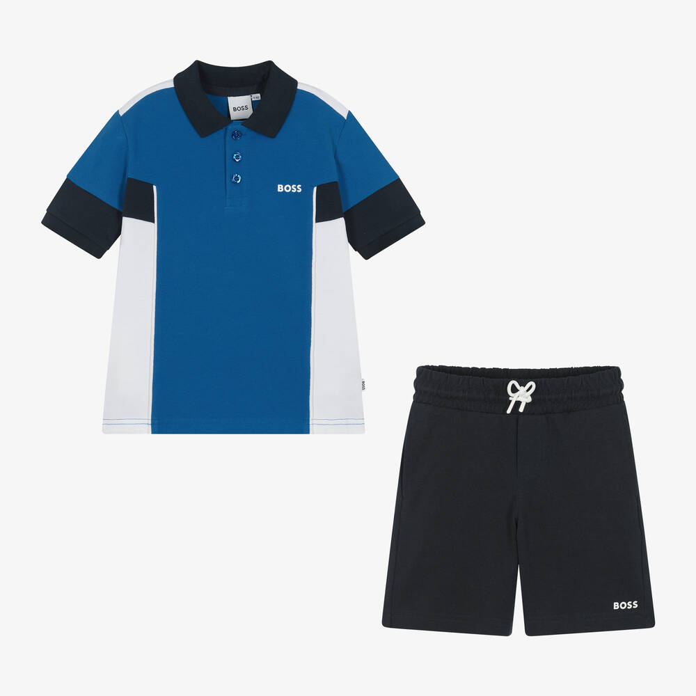 BOSS-Boys Blue Cotton Shorts Set | Childrensalon Outlet
