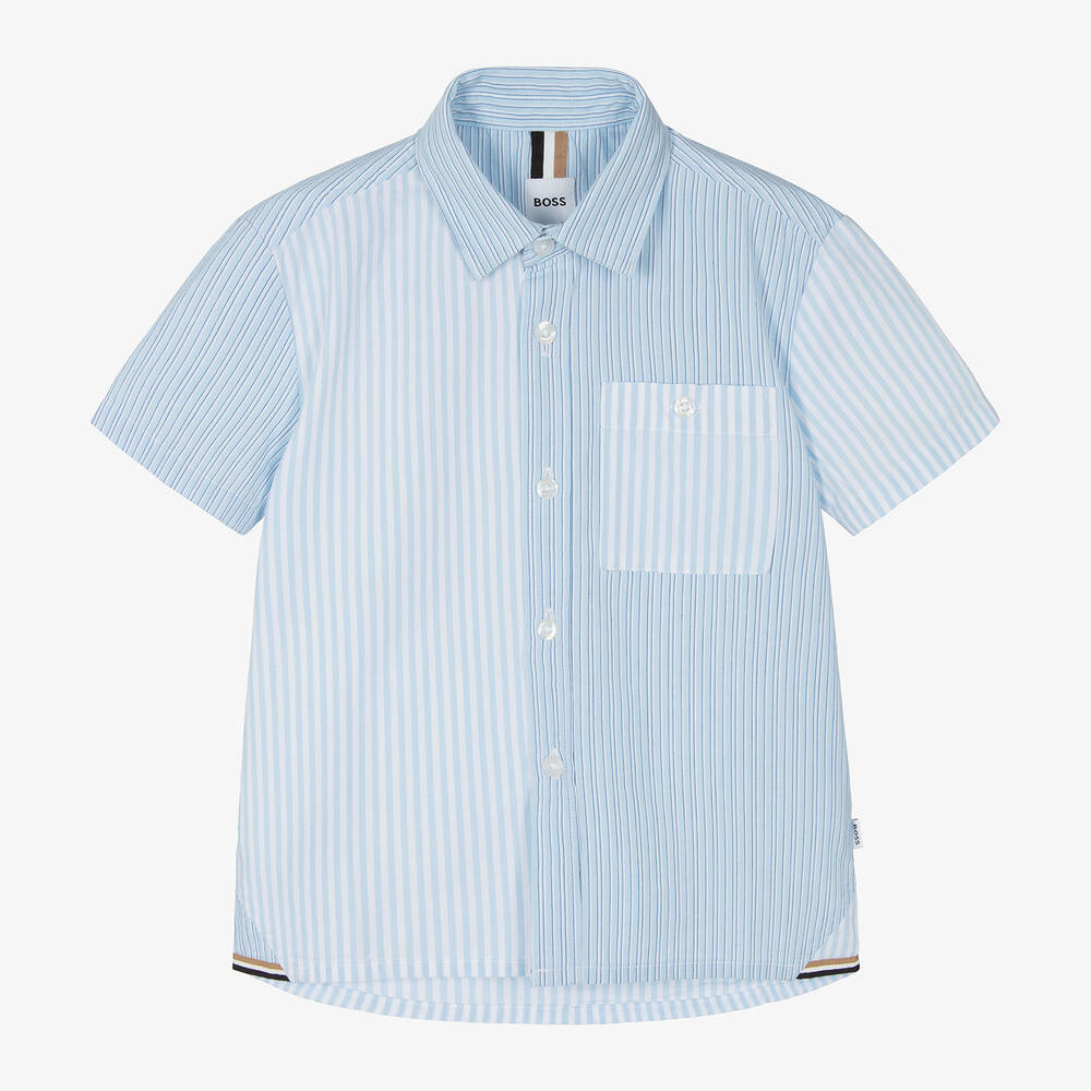 BOSS-Boys Blue Cotton Striped Shirt | Childrensalon Outlet