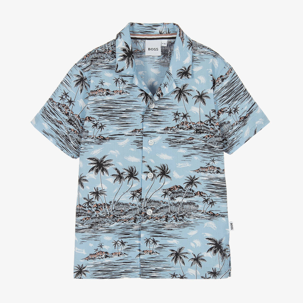 BOSS - Chemise bleue tropicale en coton | Childrensalon