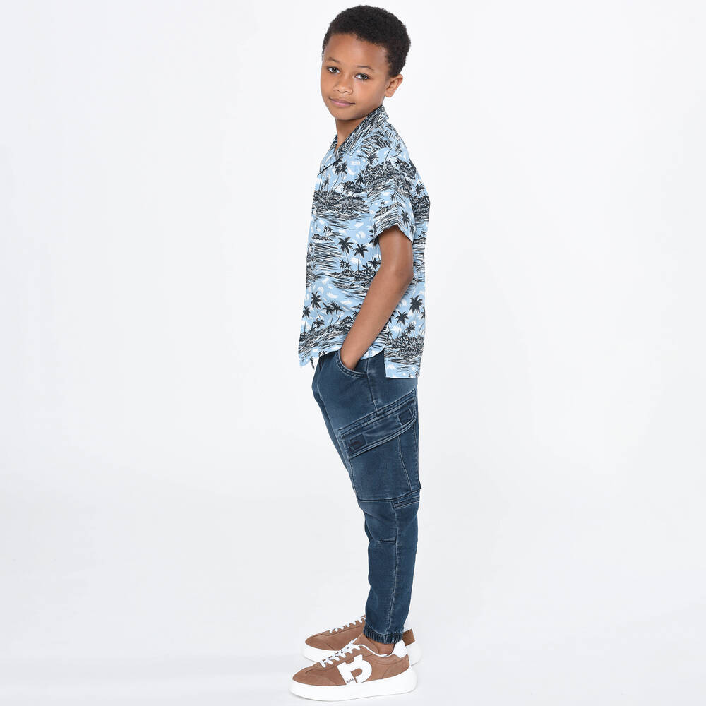 BOSS-Голубая хлопковая рубашка с тропическим принтом | Childrensalon Outlet