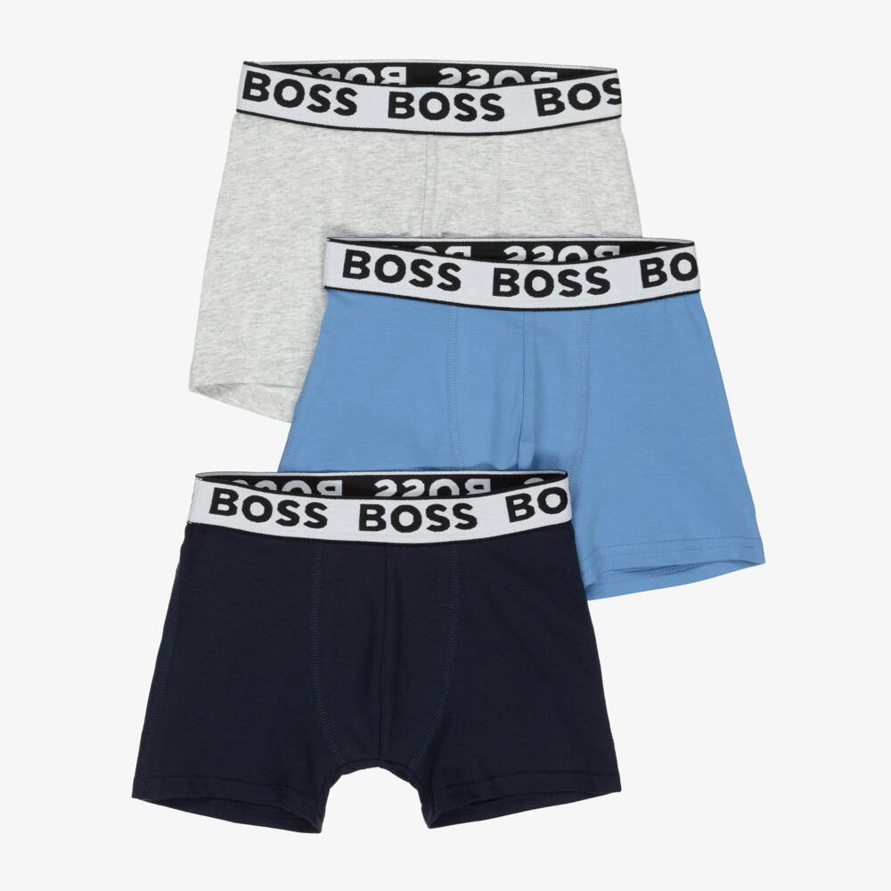 BOSS-Boys Blue & Grey Cotton Boxers | Childrensalon Outlet