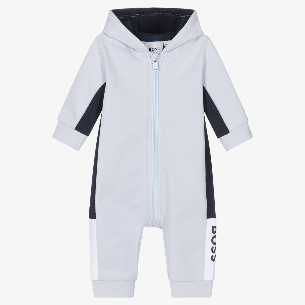 BOSS - Boys Blue Hooded Cotton Babysuit | Childrensalon