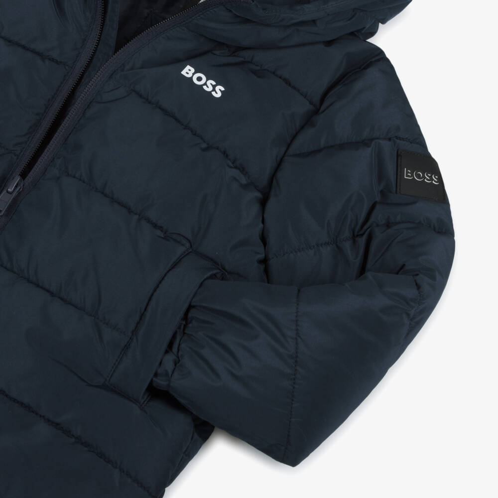 BOSS-Boys Blue Hooded Puffer Coat | Childrensalon Outlet