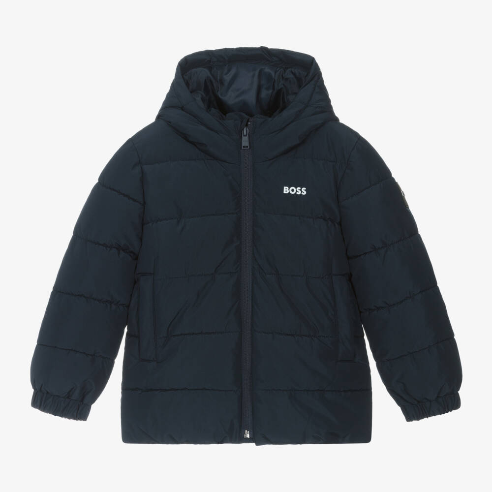 BOSS-Boys Blue Hooded Puffer Coat | Childrensalon Outlet