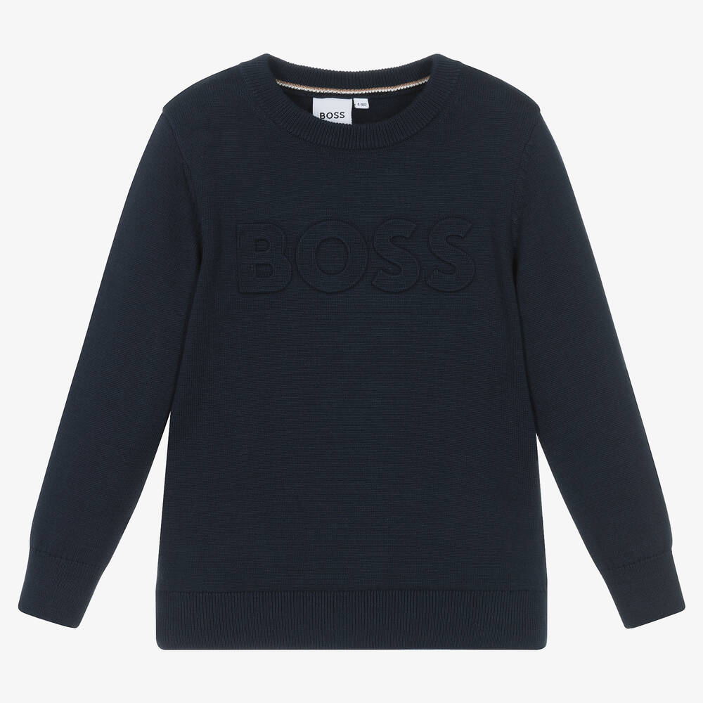 BOSS - Boys Blue Knitted Cotton Sweater | Childrensalon