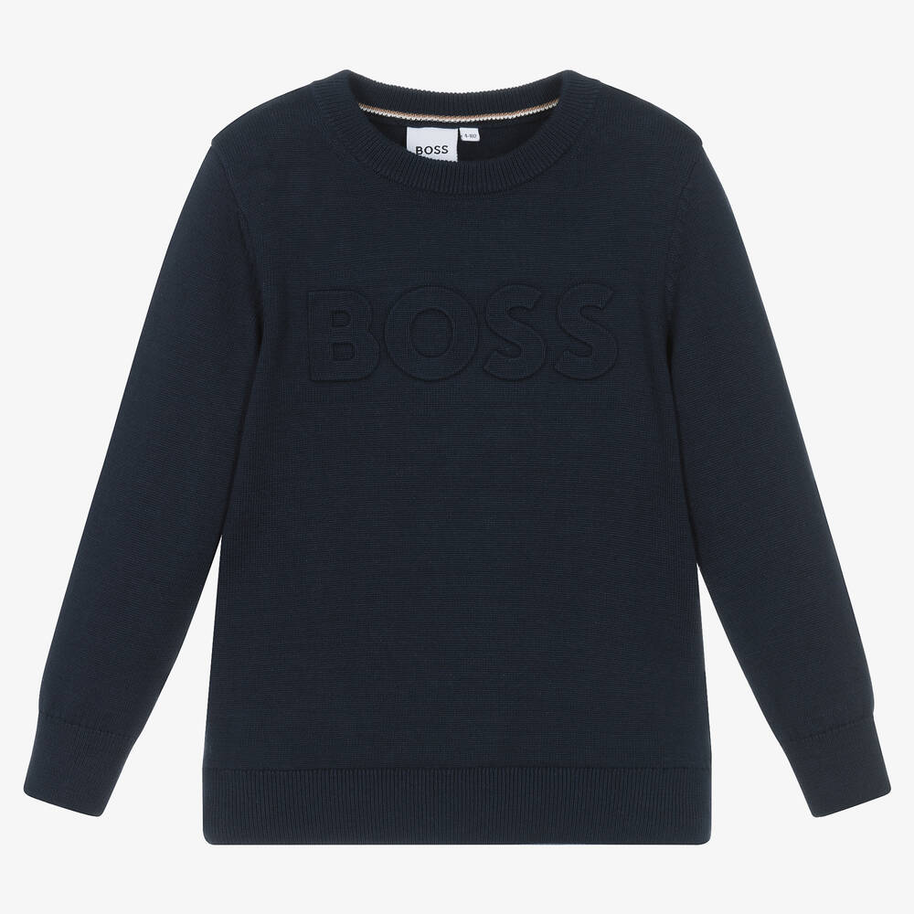 BOSS - Pull bleu en maille de coton garçon | Childrensalon