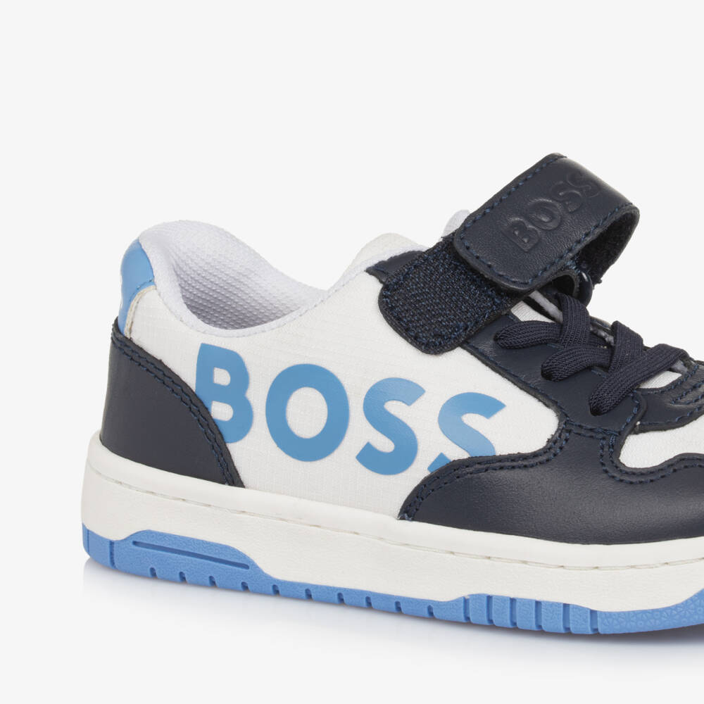 BOSS-Boys Blue Leather & Canvas Sneakers | Childrensalon Outlet