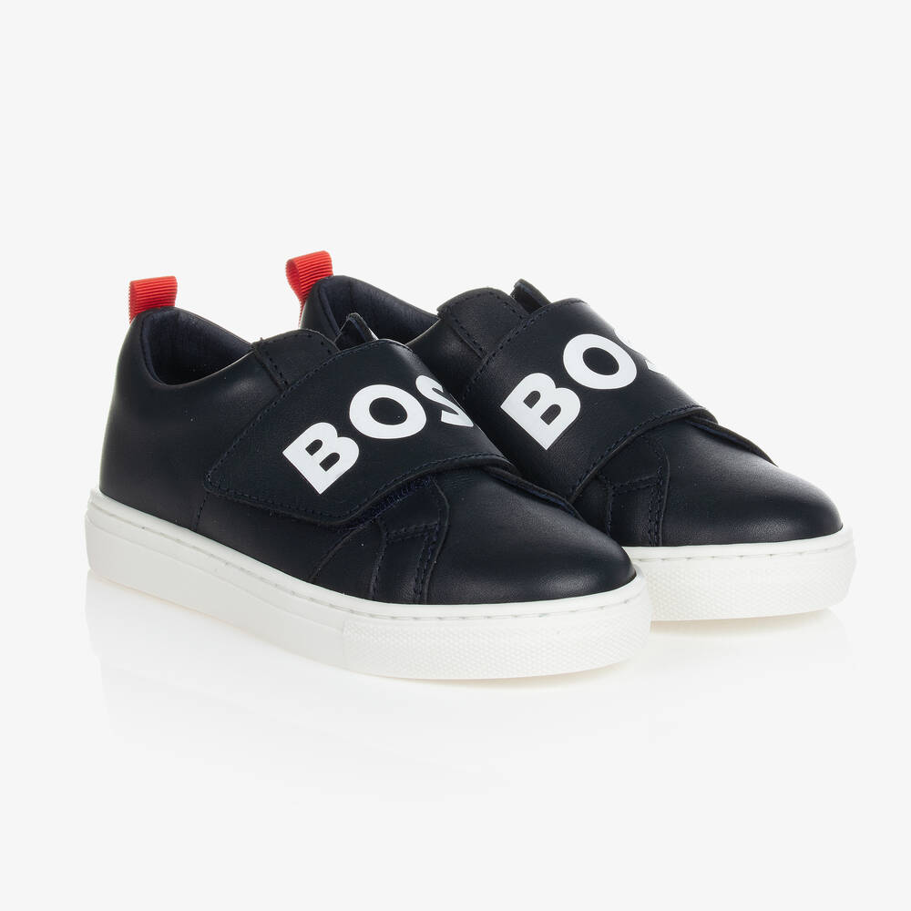 BOSS - Boys Blue Leather Logo Trainers | Childrensalon