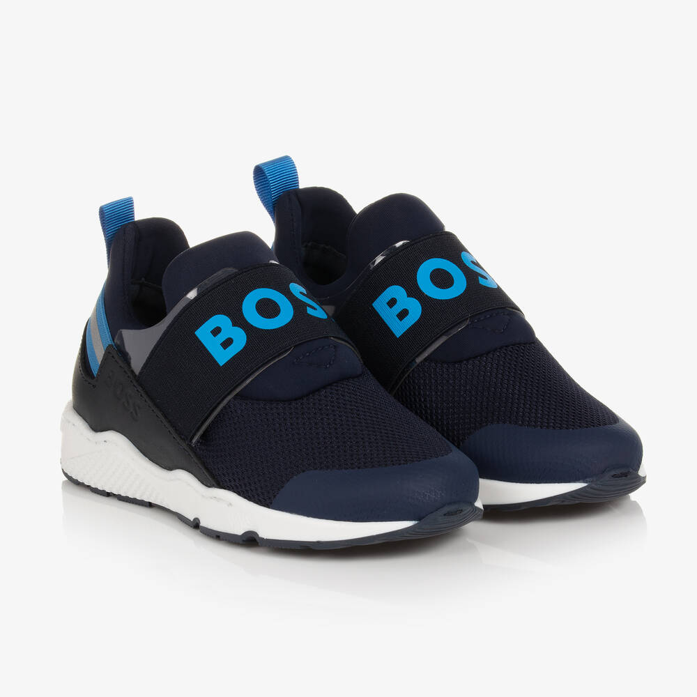 BOSS - Boys Blue Leather & Mesh Trainers | Childrensalon