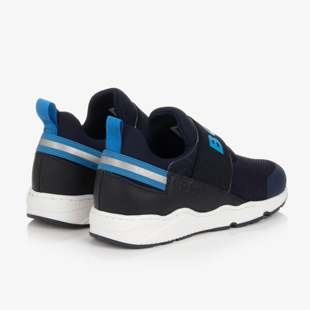 BOSS-Boys Blue Leather & Mesh Trainers | Childrensalon Outlet