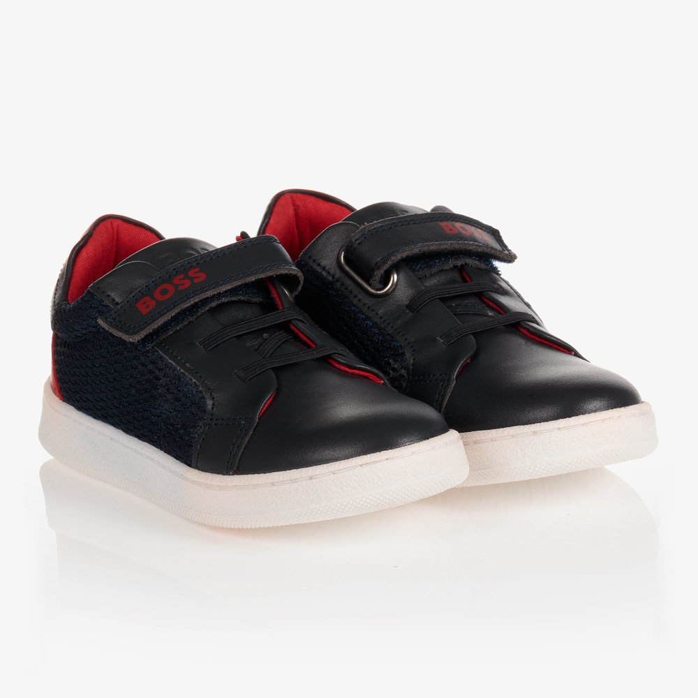 BOSS - Boys Blue Leather Trainers | Childrensalon