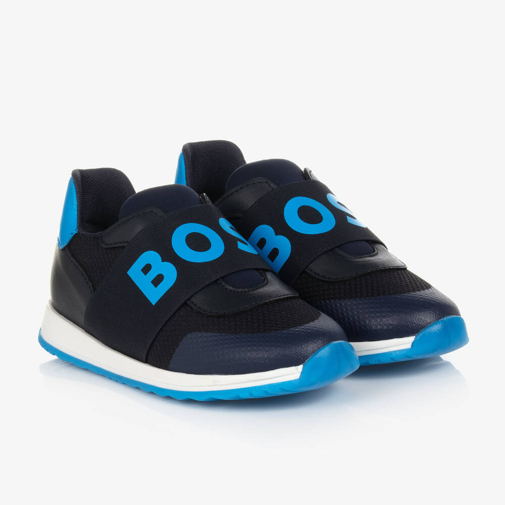 BOSS - Boys Blue Leather Trainers | Childrensalon