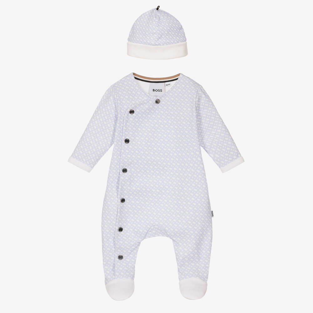 BOSS - Boys Blue Logo Babygrow & Hat Set | Childrensalon