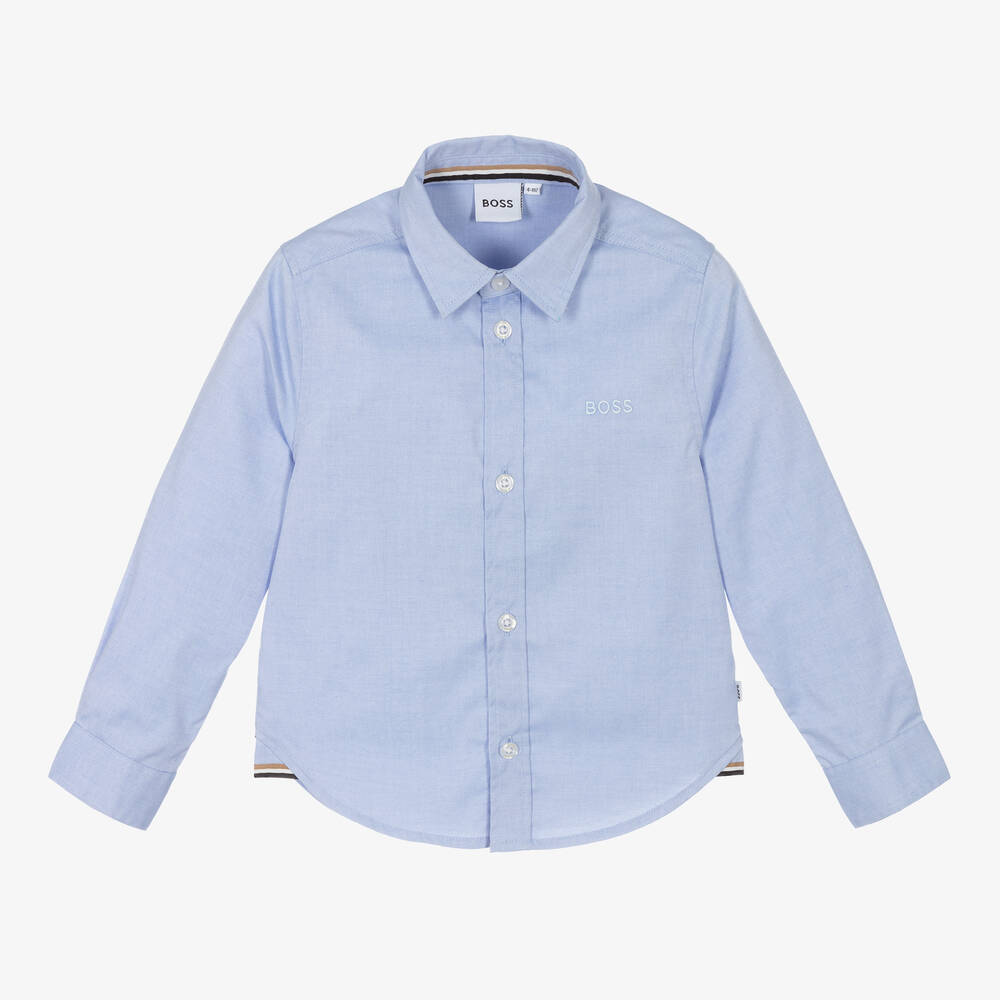 BOSS - قميص قطن بوبلين لون أزرق للأولاد | Childrensalon