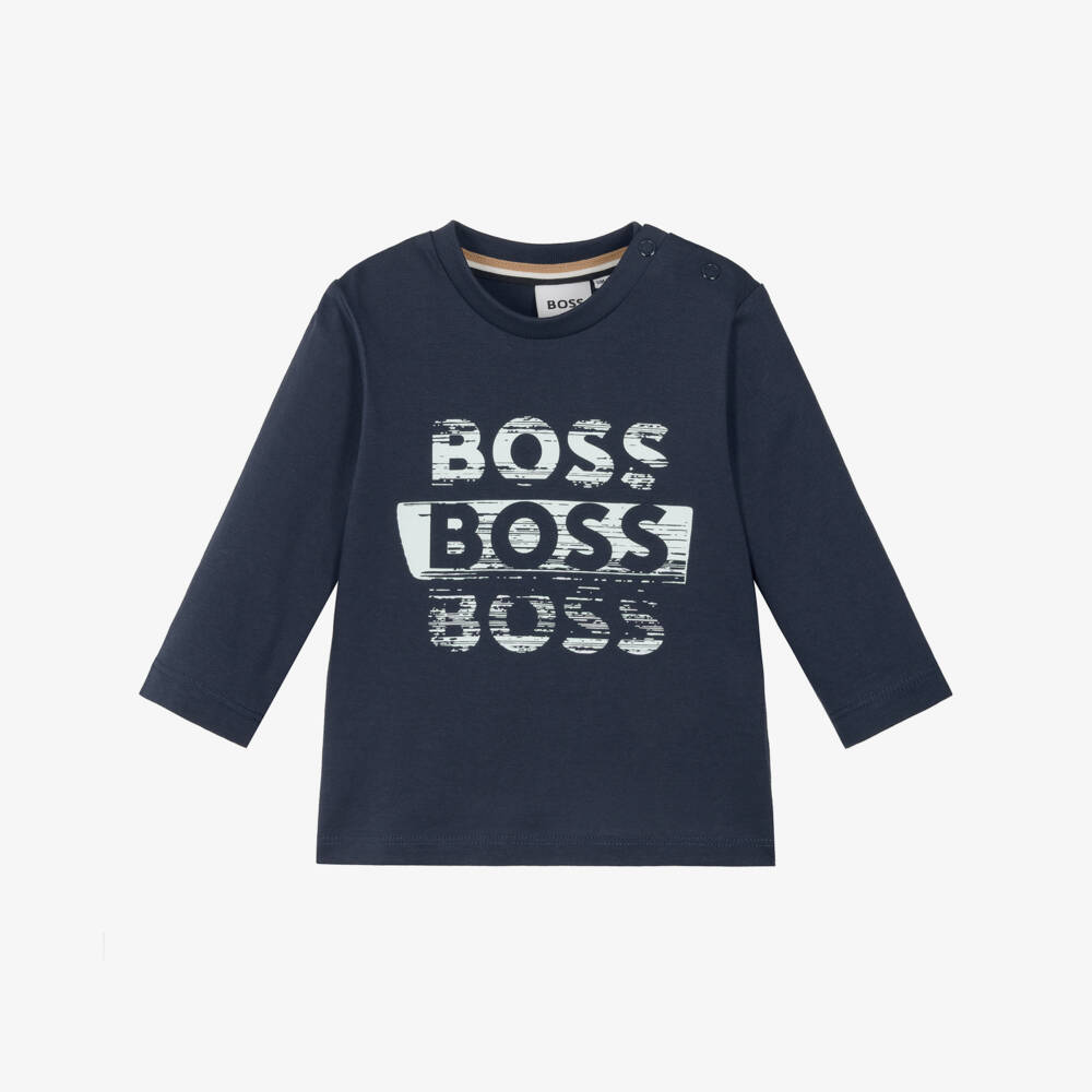 BOSS-Boys Blue Long-Sleeve Logo Top | Childrensalon Outlet