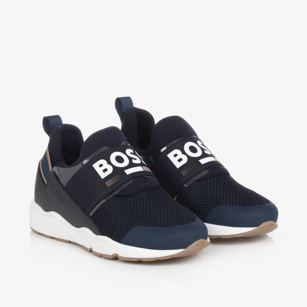 BOSS-Boys Blue Mesh Leather Trainers | Childrensalon Outlet