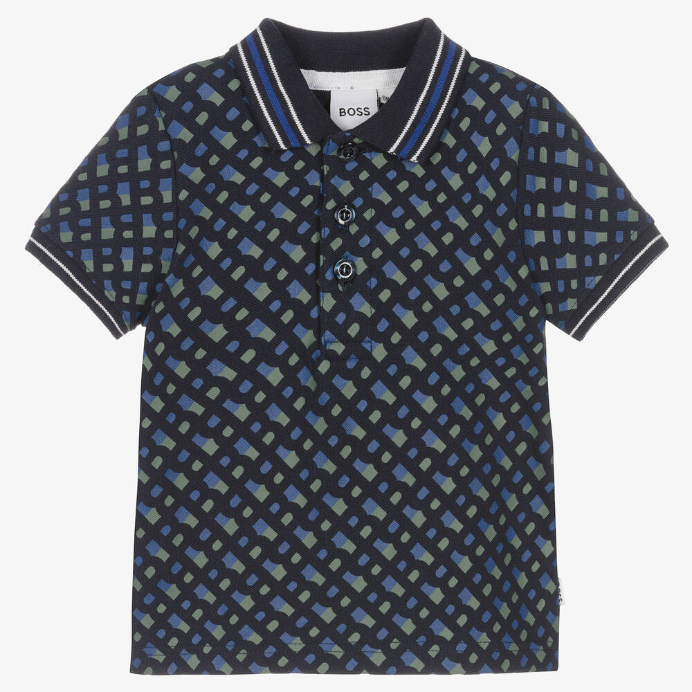 BOSS - Boys Blue Monogram Print Polo Shirt | Childrensalon