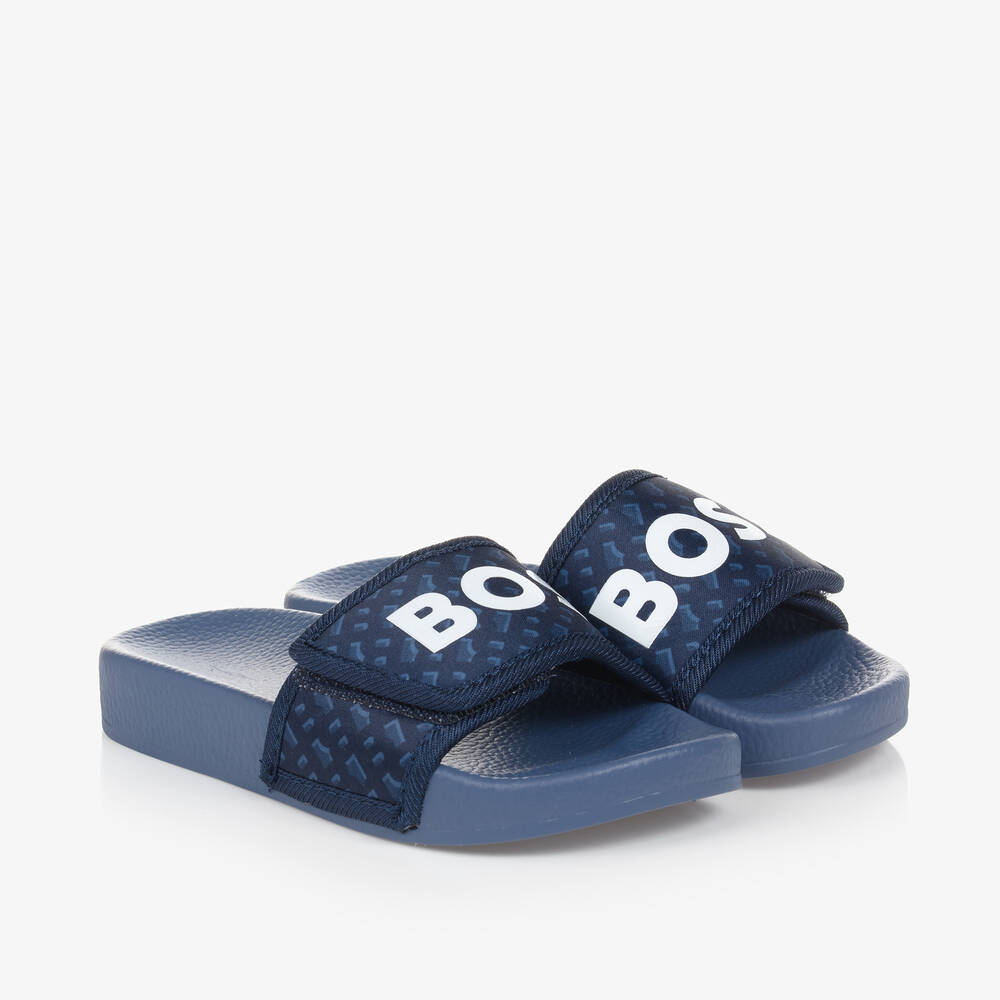 BOSS-Boys Blue Monogram Sliders | Childrensalon Outlet